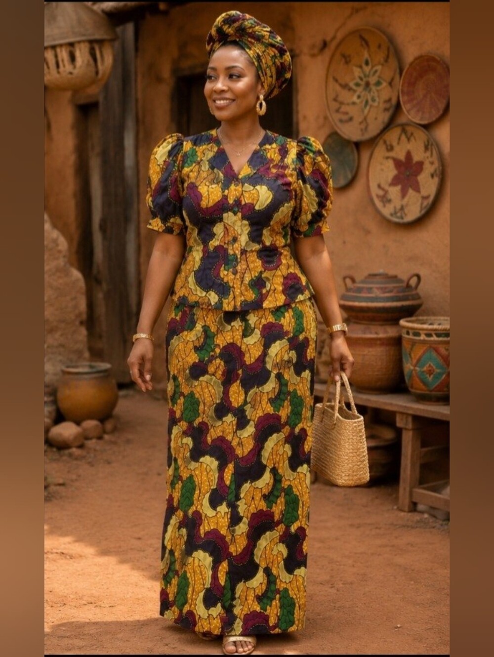 Vintage African Print Maxi Dress & Skirt Set - The African Village - M - 100% Co